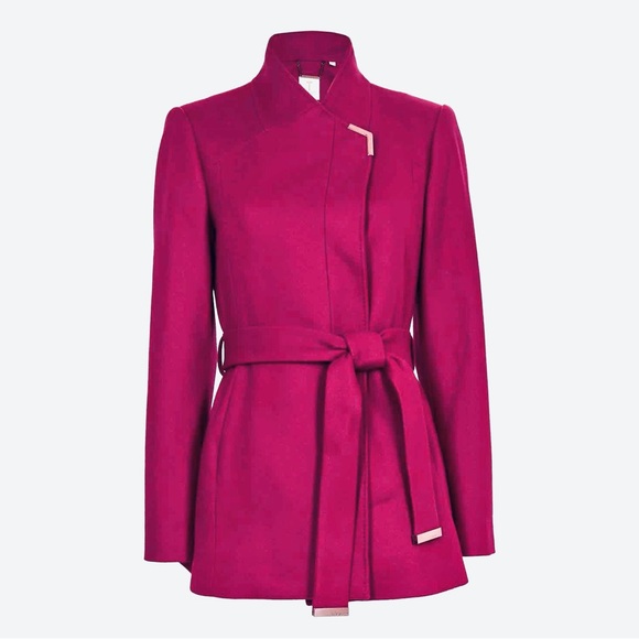 NWOT Ted Baker Magenta Berry Asymmetrical Wrap Drytaa Belted Wool Cashmere Coat - Picture 14 of 15